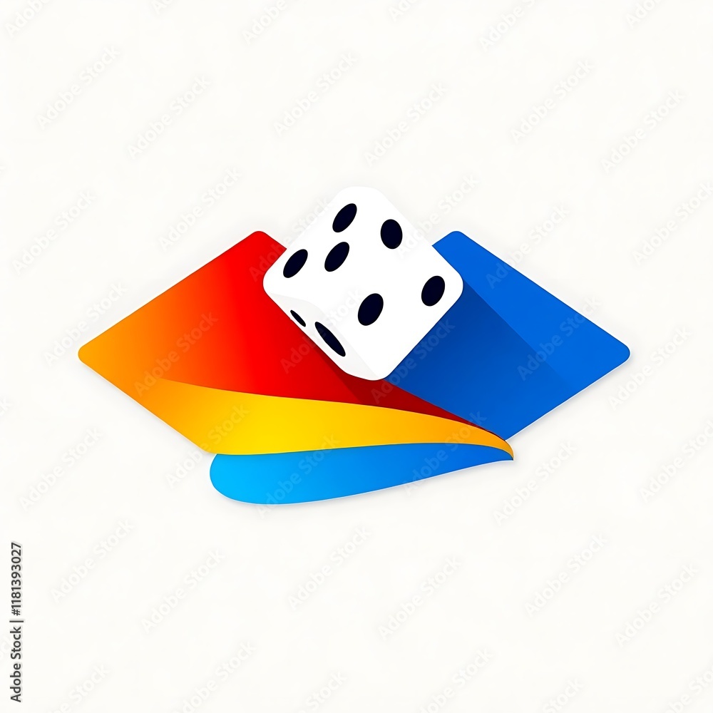 Poster dice roll on abstract shapes: a single white die with black dots rests atop a vibrant abstract desig