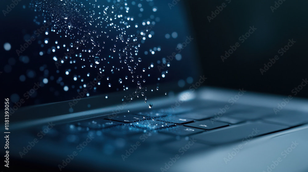 Poster a close-up of a laptop keyboard illuminated by particles that resemble droplets, creating a digital 
