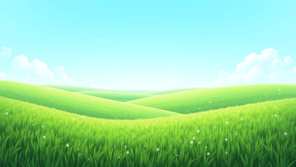 A tranquil scene of vibrant grassy fields and a bright, cloud-dotted sky.