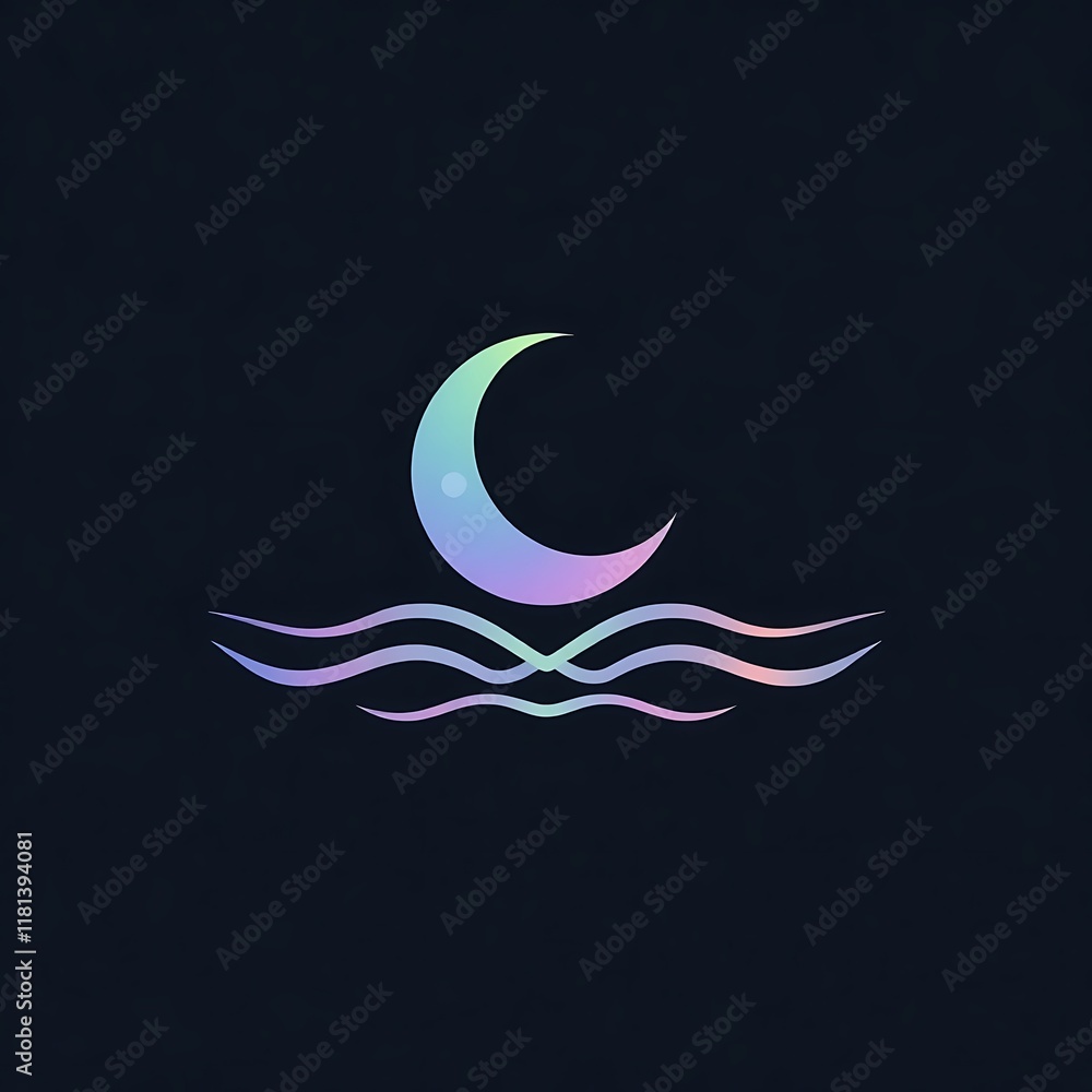 Poster crescent moon and waves abstract logo: a celestial and minimalist design featuring a crescent moon o