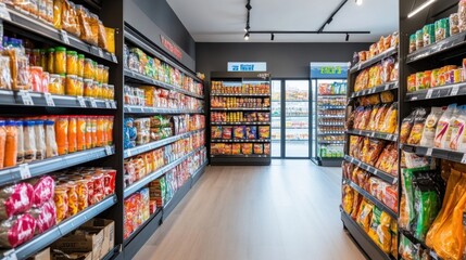 Fototapeta premium Modern Retail Store Interior with Shelves Full of Colorful Drink and Snack Products for Quick Shopping Experience