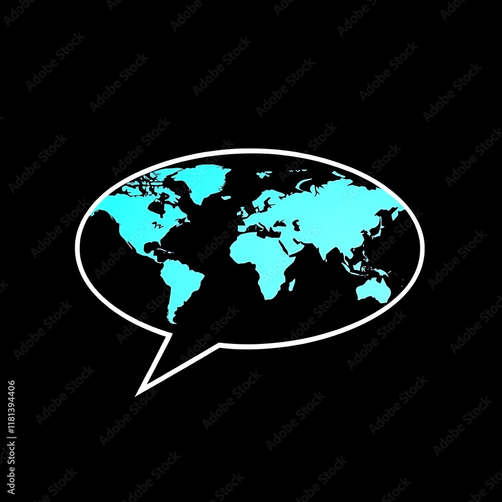 Aufkleber global communication: world map inside a speech bubble on black background. a vibrant cyan world map