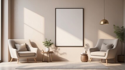 minimal living room, light fawn color wall background with armchair, and blank poster frame