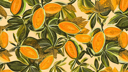 A pattern from an abstract illustration depicting papaya pieces and leaves in soothing tones on a light background.