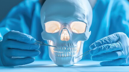 Anatomical Study of a Human Skull with Medical Instruments in Use