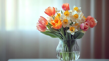 Spring bouquet of colorful flowers in a glass vase. Perfect for valentines day greetings