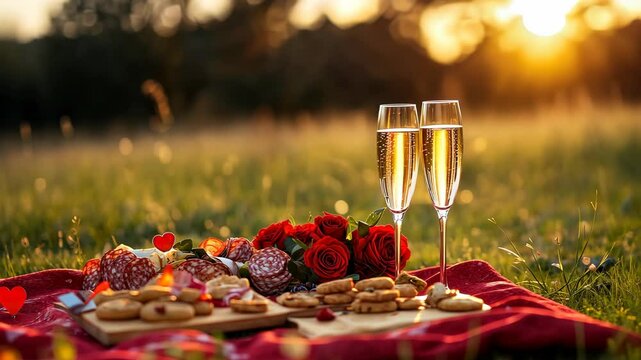 Romantic picnic at sunset with sparkling drinks and fresh flowers in a serene meadow
