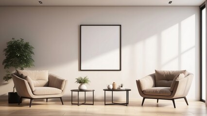 minimal living room, light fawn color wall background with armchair, and blank poster frame