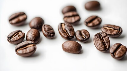 Obraz premium Closeup of roasted coffee beans with a dark rich aroma, featuring a natural grain texture and hints of chocolate and spice, isolated on a white background