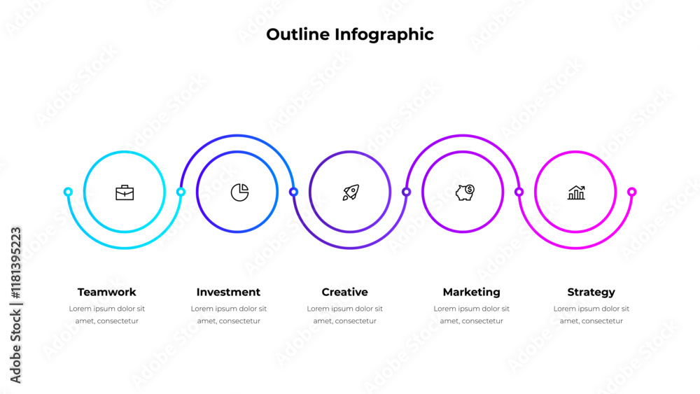 Poster Five outline circle elements in horizontal row for infographic and presentation. Concept of 5 steps of business development process.