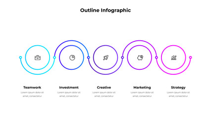 Five outline circle elements in horizontal row for infographic and presentation. Concept of 5 steps of business development process.