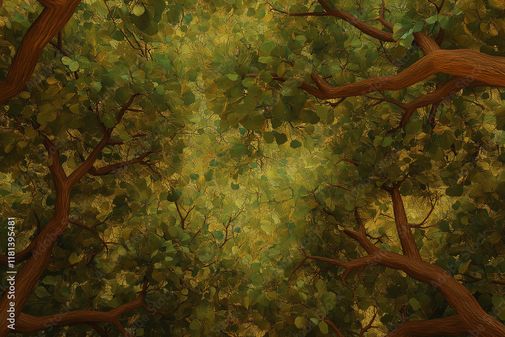 Poster a fractal forest canopy viewed from above, with infinite layers of leaves