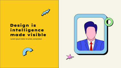 Neobrutalism presentation slide. Business data analytics y2k trendy design. Businessman avatar