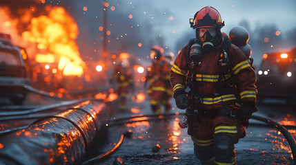 Fototapeta premium Firefighters respond to gas leak emergency amid raging flames and hazardous conditions at downtown site