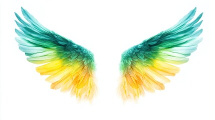 A vibrant pair of angelic wings, blending shades of green and yellow, symbolizing freedom and inspiration against a white background.