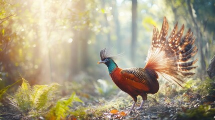 A colorful peacock stands elegantly, showcasing its stunning feathers amidst a lush forest. Sunlight filters through trees, illuminating the vibrant colors of its plumage.
