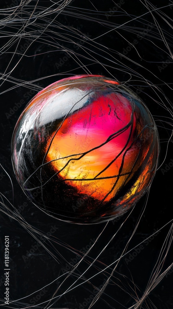 Poster A vibrant sphere shimmers with a striking gradient of colors, set against a dark backdrop. Delicate threads intertwine, creating an intriguing contrast that enhances the sphere's brilliance and depth