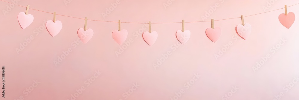 Poster pink paper hearts hanging from a string with clothespins against a pastel pink background create a r