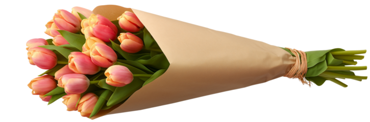 A bouquet of tulips wrapped in kraft paper, isolated on a transparent background. Cutout PNG