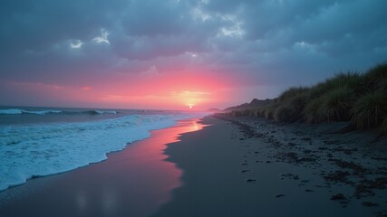 Obraz premium A beautiful sunset over the ocean with a beach in the background