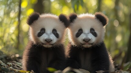 Obraz premium Adorable Twin Pandas in Lush Bamboo Forest