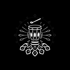Drum Circle:  A minimalist drum with a stick, surrounded by a stylized circle of leaves, in a monochromatic white and black design.  It evokes a sense of cultural rhythm, musical expression.