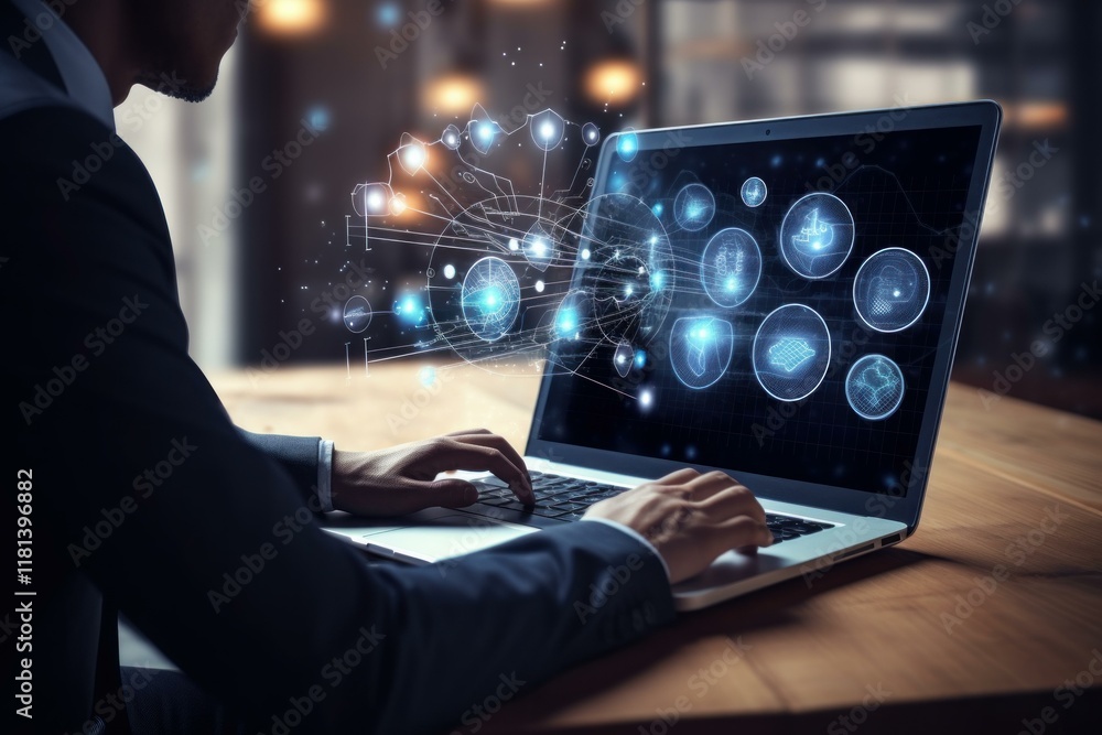 Poster businessman using laptop with digital data processing system hologram, analyzing medical data and he