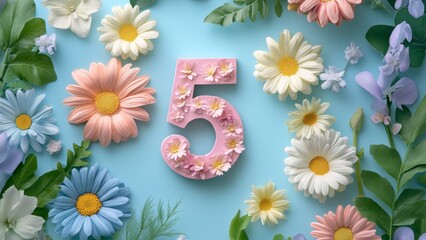 Colorful floral arrangement with number five for celebration