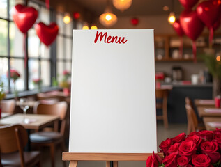 Valentine day menu mockup on the blank canvas in a cafe 