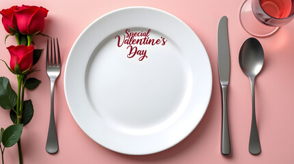 Special Valentine day menu mockup on a plate with cutlery and roses 