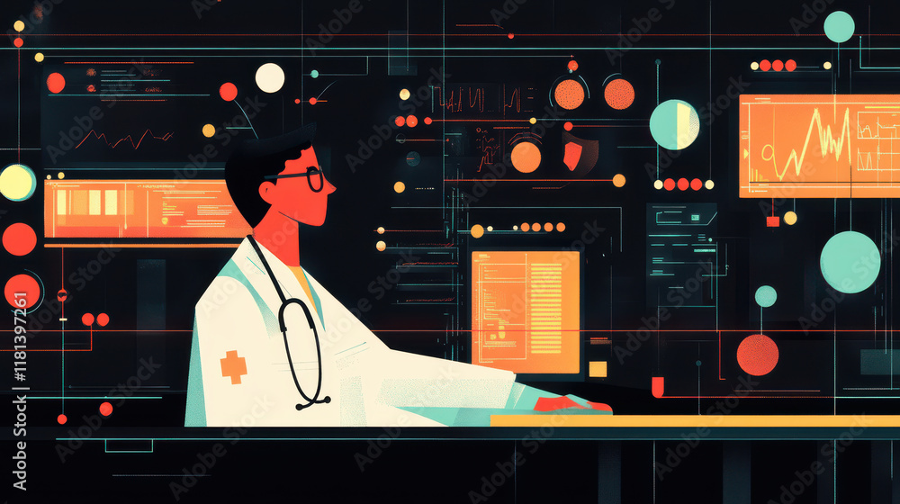 Poster digital healthcare data visualization with doctor analyzing patient care. scene features vibrant gra