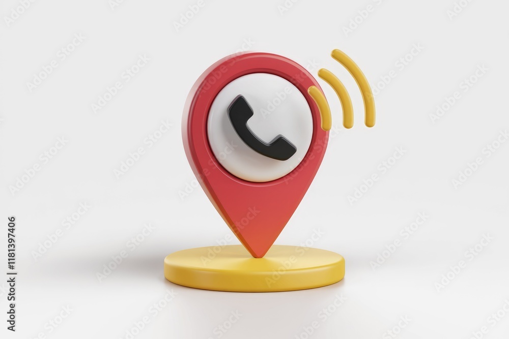 Aufkleber 3D rendering of a red location pin with a phone icon and yellow signal waves.