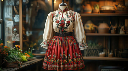A traditional Bulgarian costume displayed on a wooden mannequin in a cultural museum, the vibrant reds and intricate patterns, creating a sense of pride and preservation