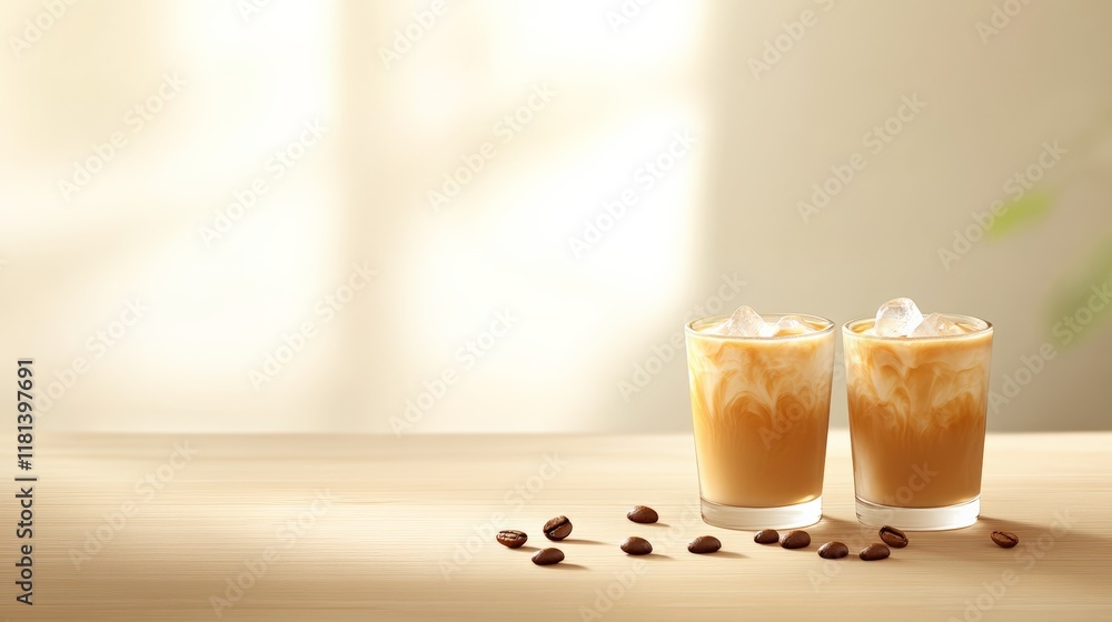 Poster two glasses of iced coffee sit on a wooden table with scattered coffee beans, illuminated by sunligh