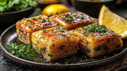 Golden Baklava: Layers of Sweet Pastry Perfection. A Culinary Delight with Lemon & Parsley Garnish. Exquisite Food Photography