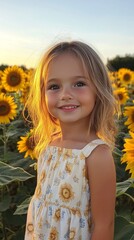 Fototapeta premium A joyful child stands surrounded by towering sunflowers, bathed in the golden glow of sunset. The vibrant flowers create a cheerful atmosphere as the evening light enhances her playful smile