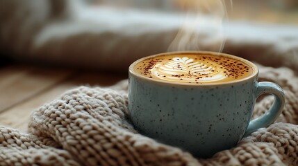  writing space and a cup of steaming cappuccino with intricate latte art placed on a wooden table with a cozy blanket 