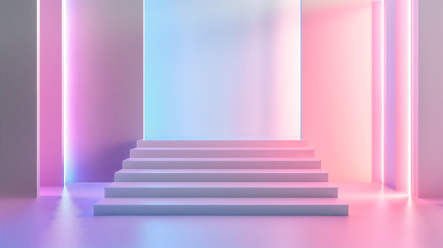 Modern Minimalist Neon Staircase in Pastel Colors with Futuristic Ambient Lighting - Powered by Adobe