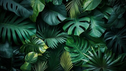 Lush tropical leaves in a vibrant green display
