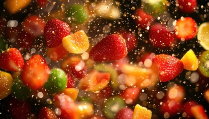 Vibrant fruit assortment splashes in a dynamic, colorful display, showcasing strawberries, oranges, and other fresh produce.