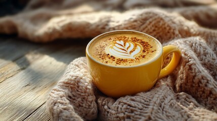 Steaming cup of cappuccino with intricate latte art placed on a wooden table with a cozy blanket in the background with writing space