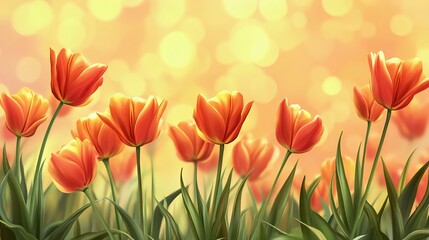 Vibrant tulips bloom against a golden bokeh background, capturing the essence of spring and nature's beauty in an enchanting floral landscape.
