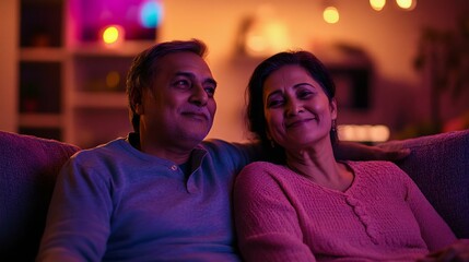 Fototapeta premium Happy mature couple together at home, enjoying a relaxing evening indoors with cozy ambient lighting, sharing a joyful and peaceful moment.