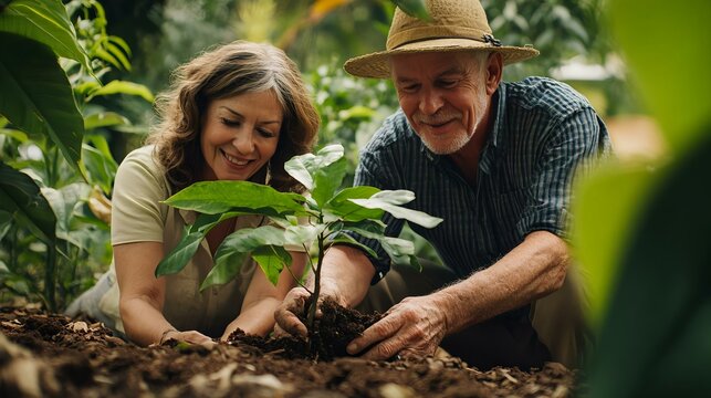 Joyful mature couple planting a sapling together, cultivating their garden with love and dedication, surrounded by lush greenery and nature. - Powered by Adobe