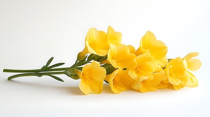Stem of yellow freesia flowers isolated on a plain white background emphasizing their vibrant color and clustered blooms with copyspace