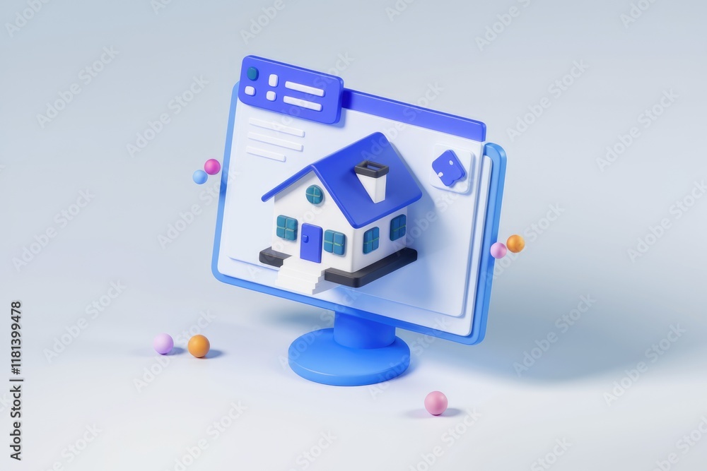 Poster A 3D rendering of a house on a computer screen  representing online real estate.