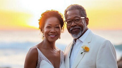 Obraz premium Joyful senior couple celebrating their wedding at a stunning beach sunset, exuding love and happiness on their special day.