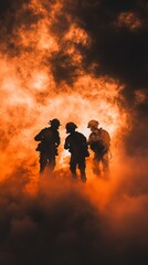 Fototapeta premium Three firefighters are silhouetted against a backdrop of raging flames and swirling orange smoke, bravely confronting the intense heat and danger of the blaze