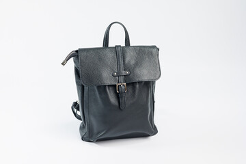 Naklejka premium Black backpack women's bag, women's backpack, gray women's backpack. Women's bag isolated on white background. The bag is isolated on a white background.