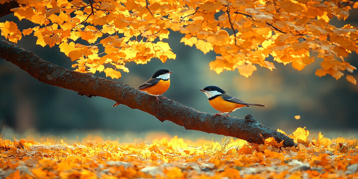 beautiful little bird tit flies in the autumn  